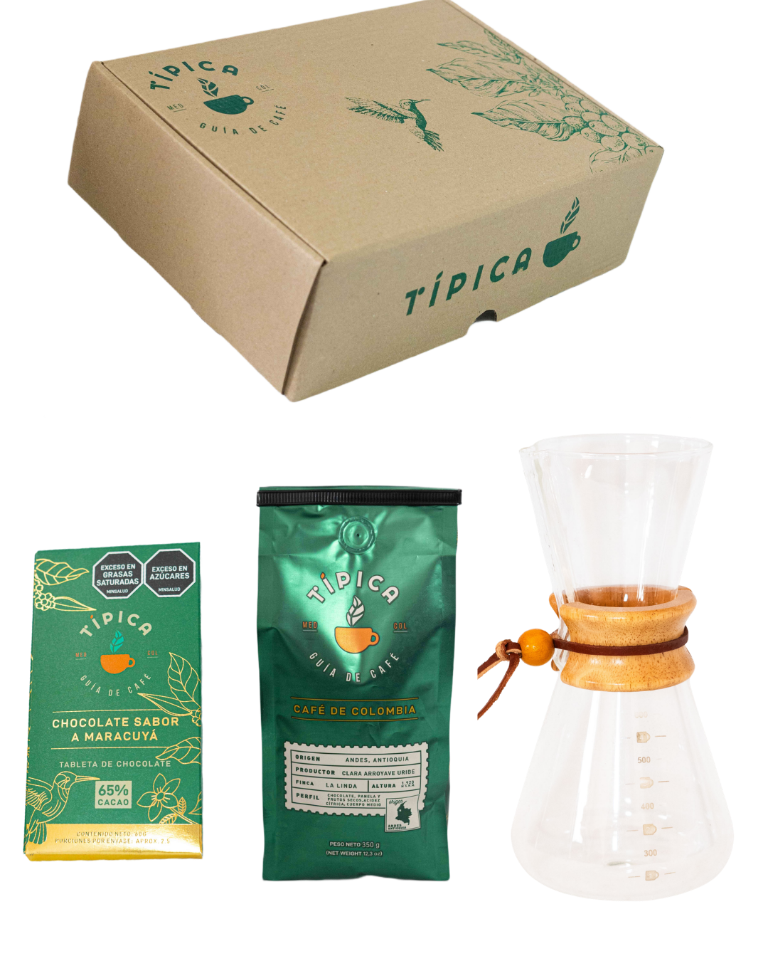 Kit tipo Chemex 3 tazas+ Café tradicional + Barra de Chocolate