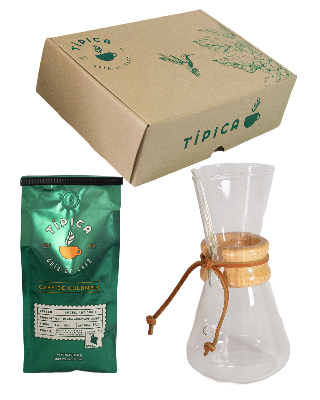 Kit tipo Chemex + filtros + café tradicional