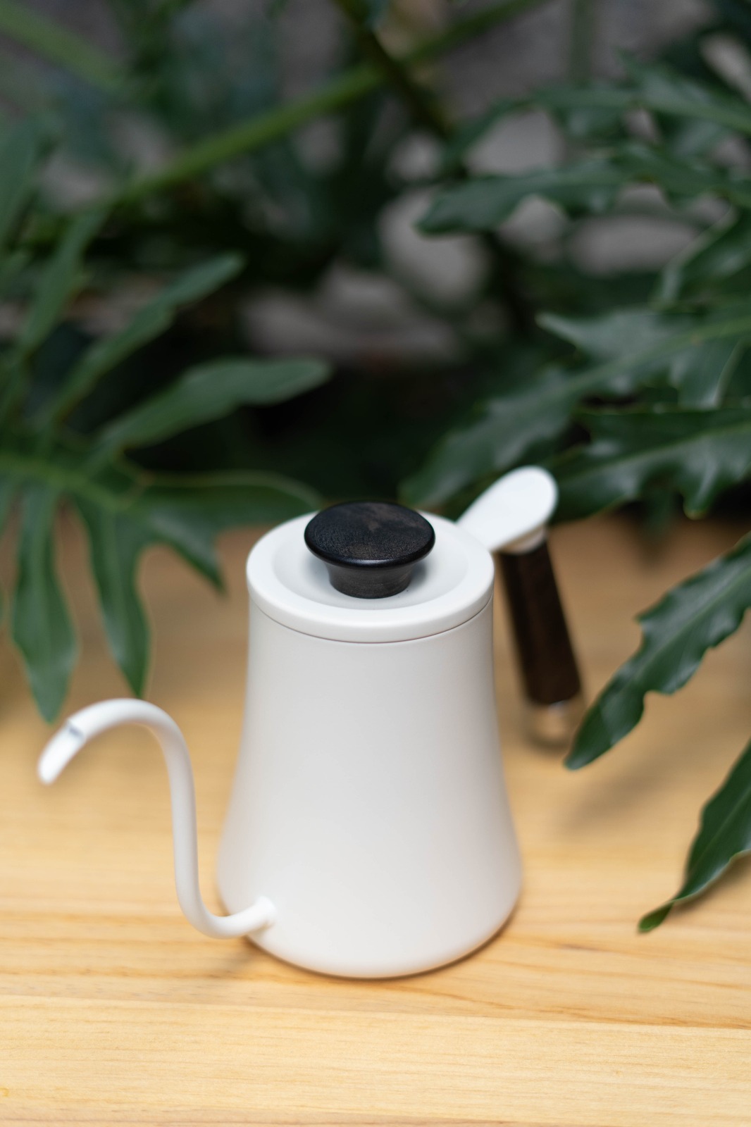 tetera cuello de ganso blanca mango de madera 350ml