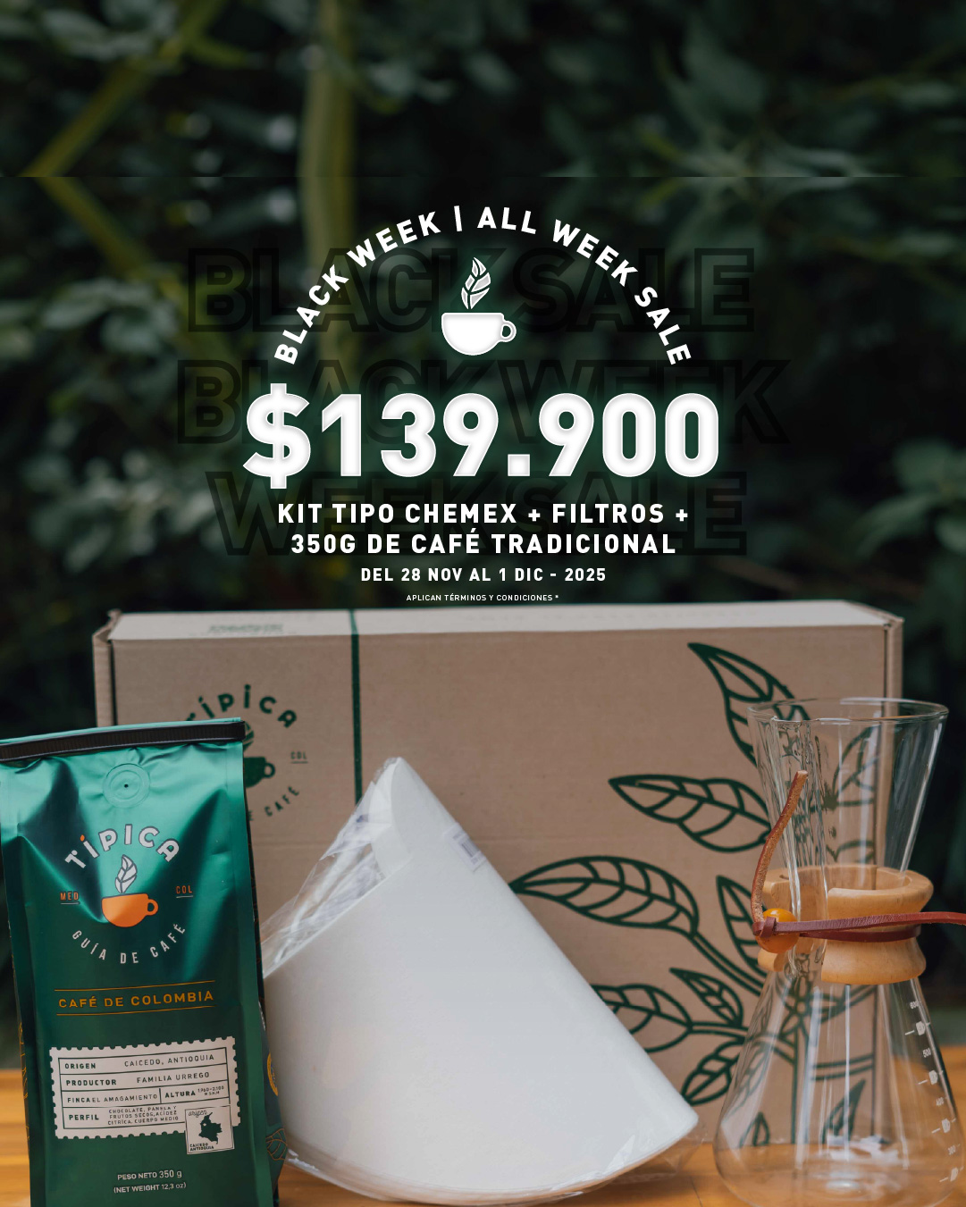 Kit tipo Chemex + filtros + café tradicional